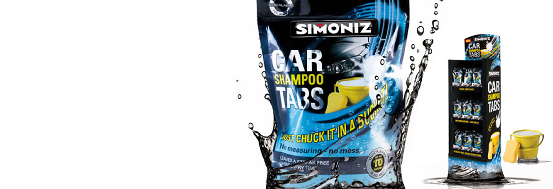 Simoniz Car Shampoo Tabs packaging and product stand