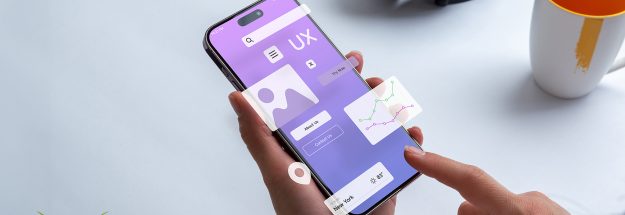 Person holding a mobile phone with UX Design elements